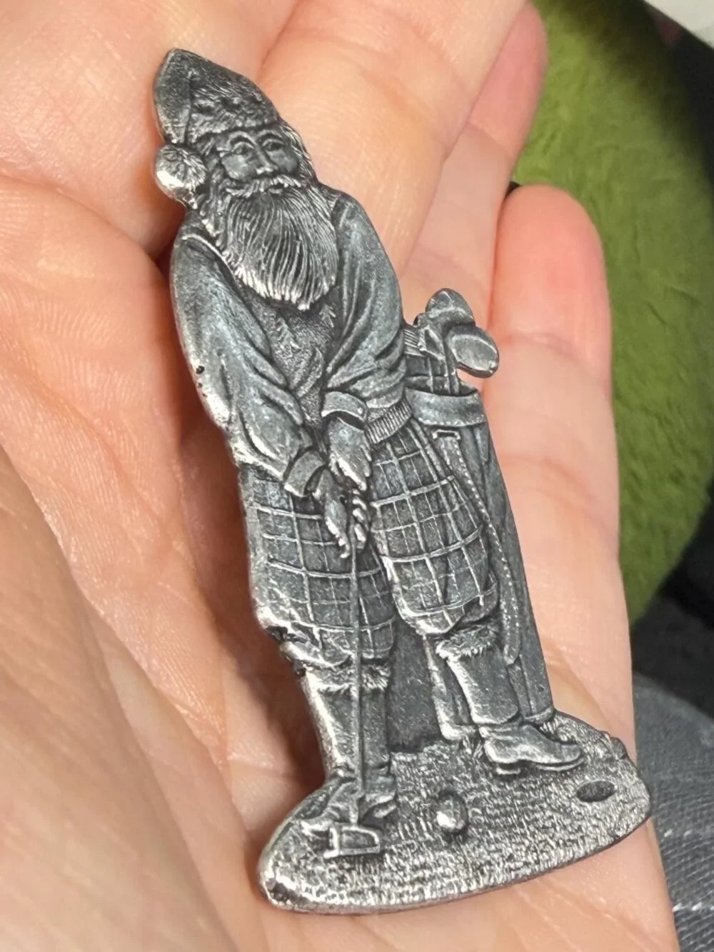 OOAK Santa Golf Brooch Upcycled Metal Christmas Pin Double Sided 2.5 inches